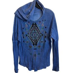 Vocal USA Blue Western‎ Waffle Knit Geometric Studded Hoodie Women's Medium